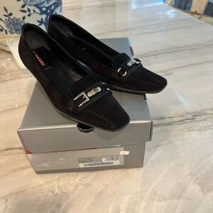 Prada Black Suede Heeled Loafers with Silver Buckle Detail